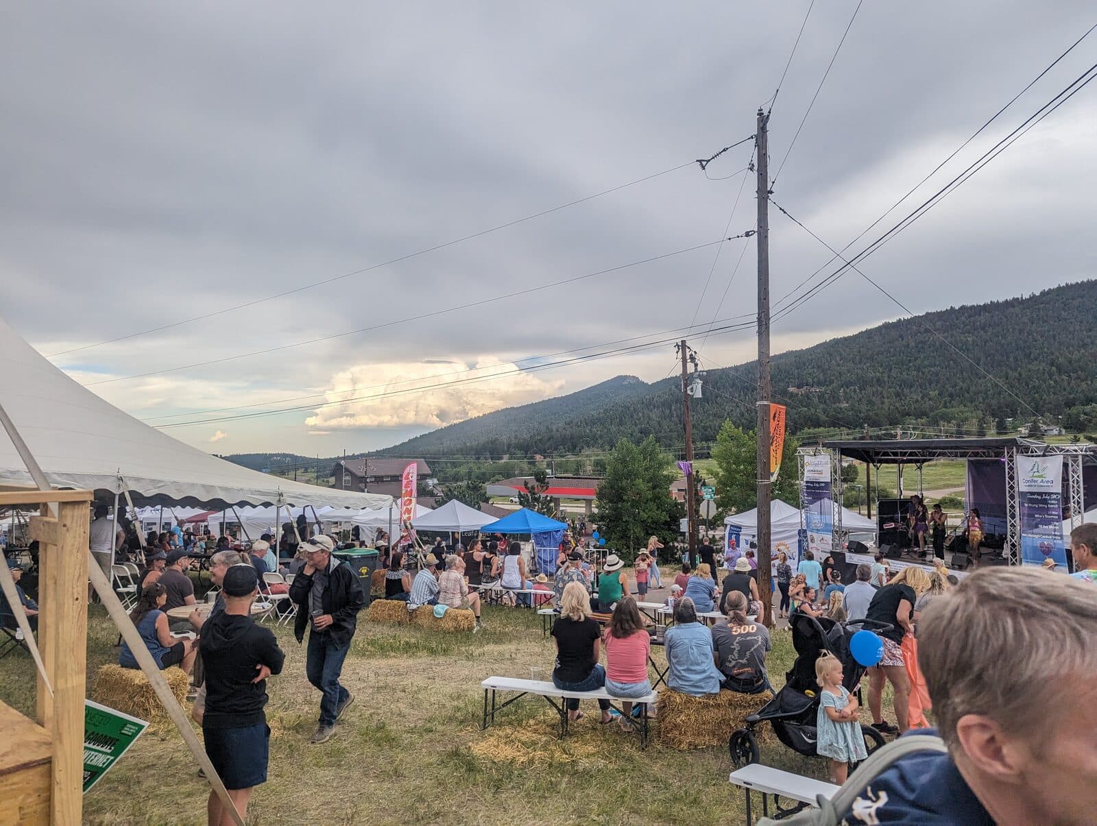 Festival street with mountain backdrop